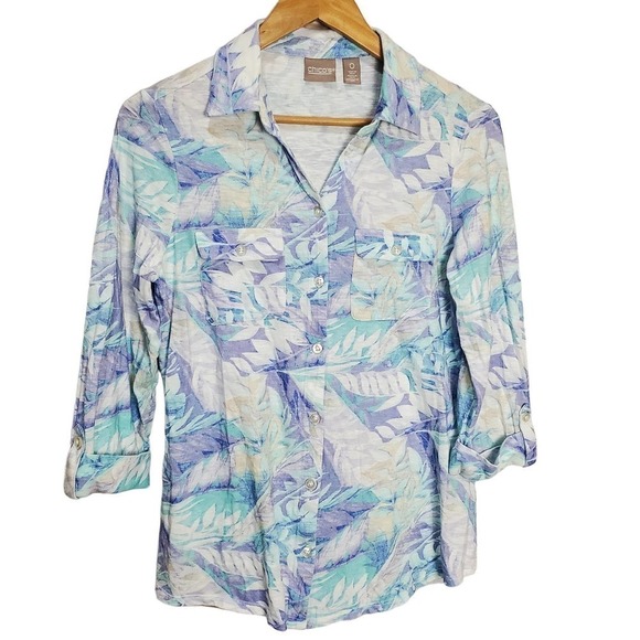 Chico's Blouse Women's XSmall Blue Button Floral Tropical Blue Purple Soft - Picture 1 of 9